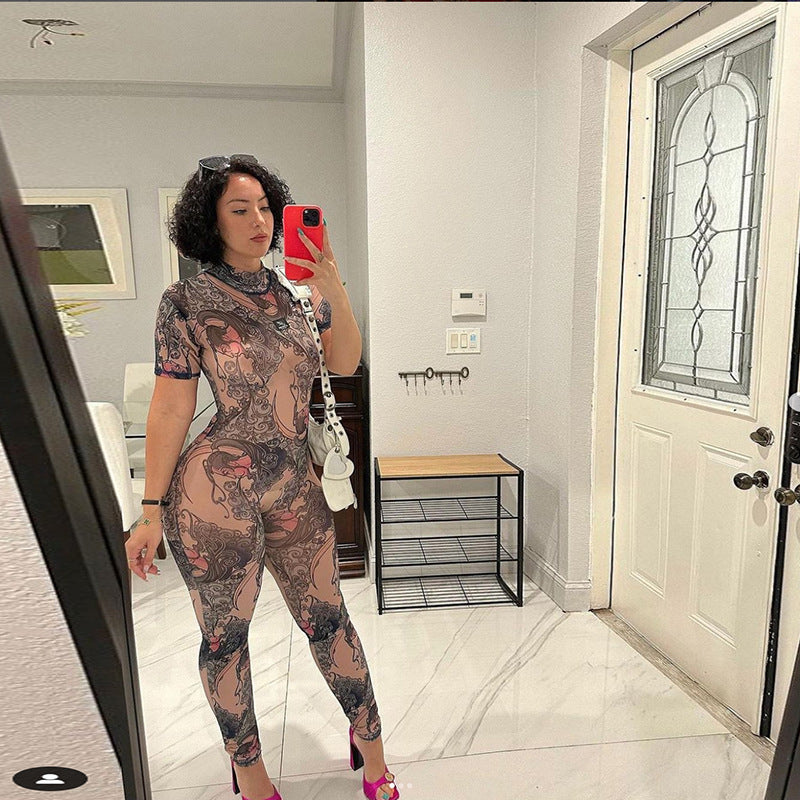 Women's Floral Mesh Backless Tight Jumpsuit