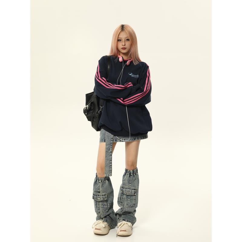 Retro Contrast Color Loose Crew Neck Women's Sweater