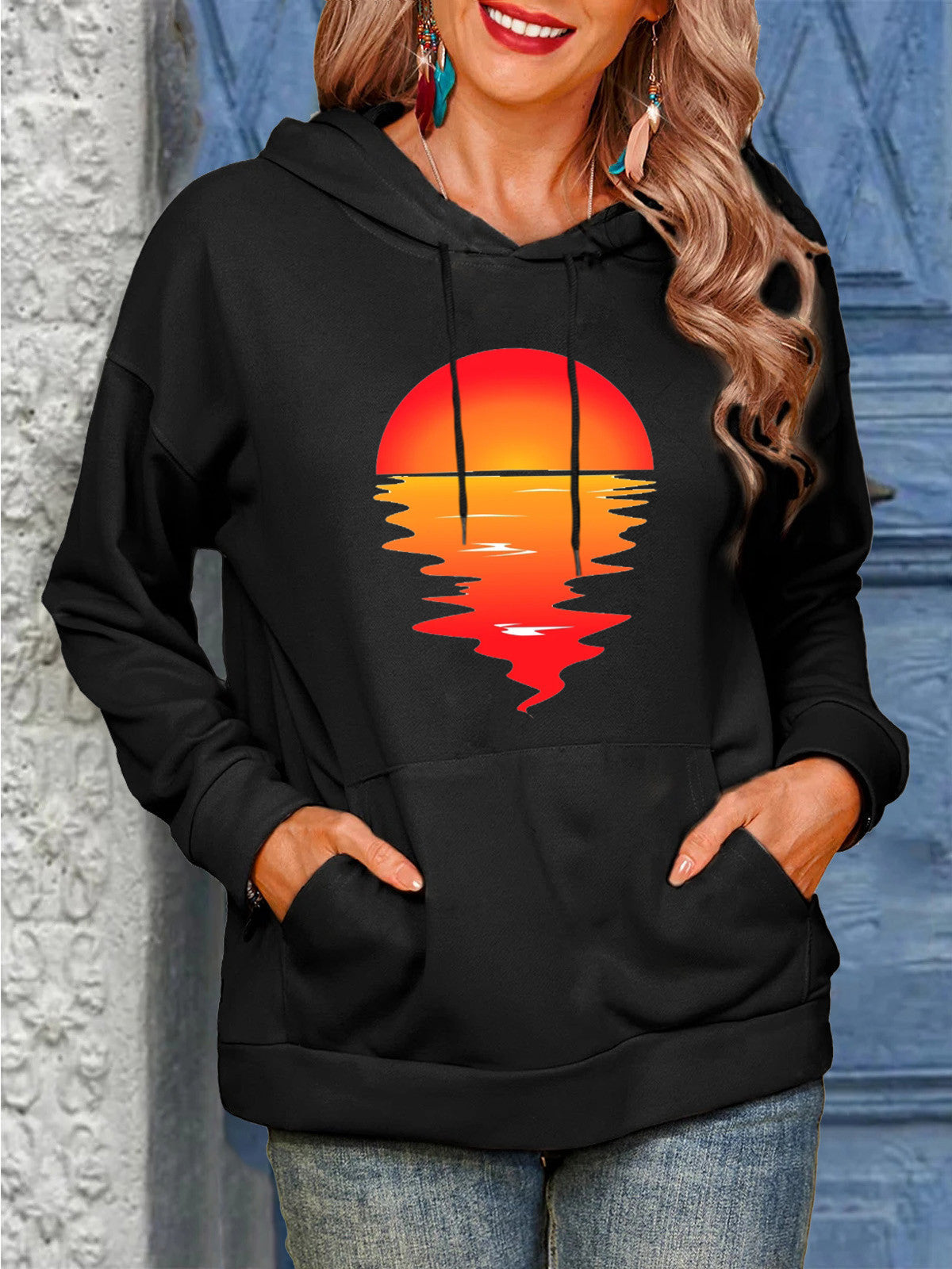 Women's Sun Print Drawstring Casual Hoodie