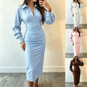 Long-sleeved Waist-cinching Pleated Shirt Dress with a Lapel Collar
