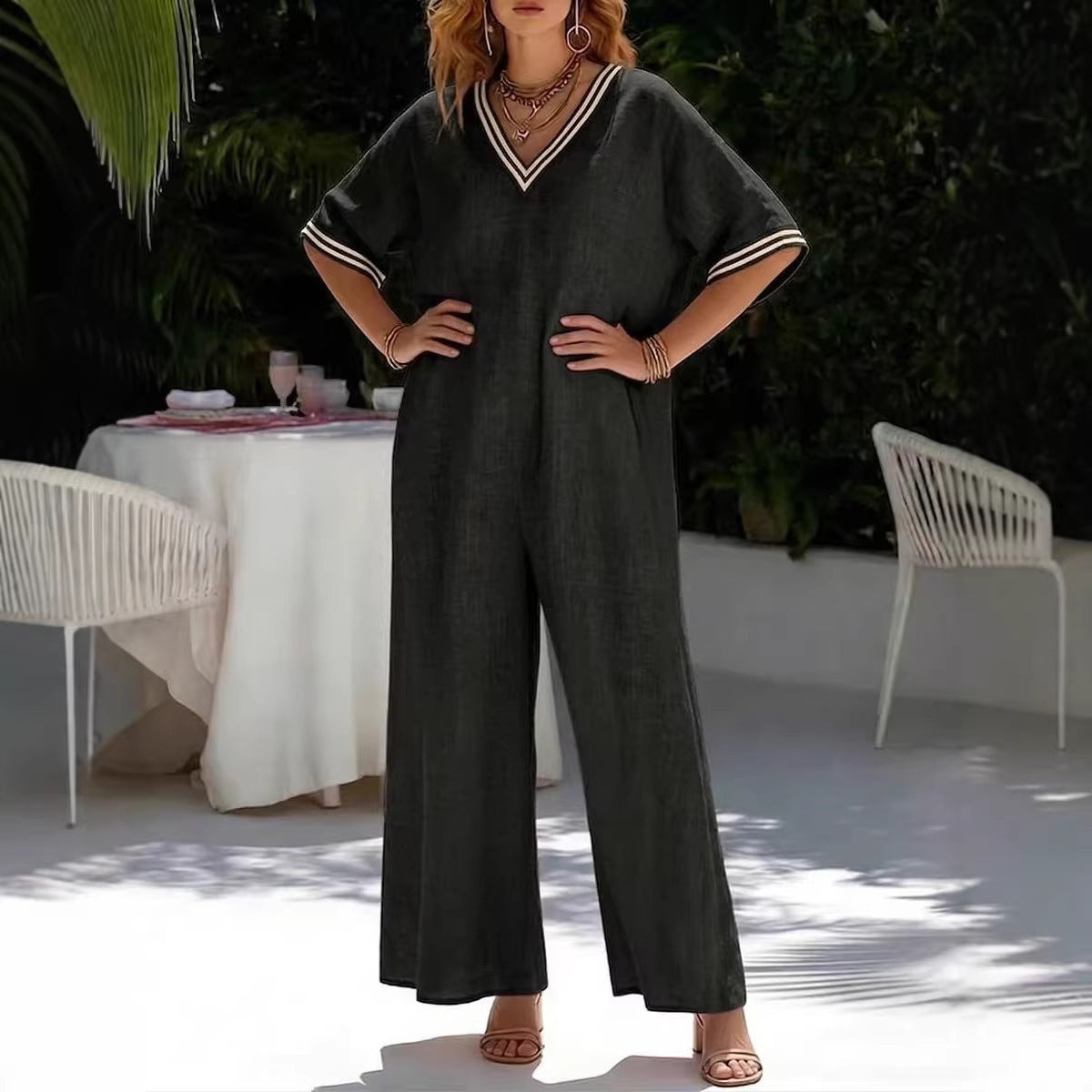 Chic Solid-Color Wide-Leg Casual Jumpsuit