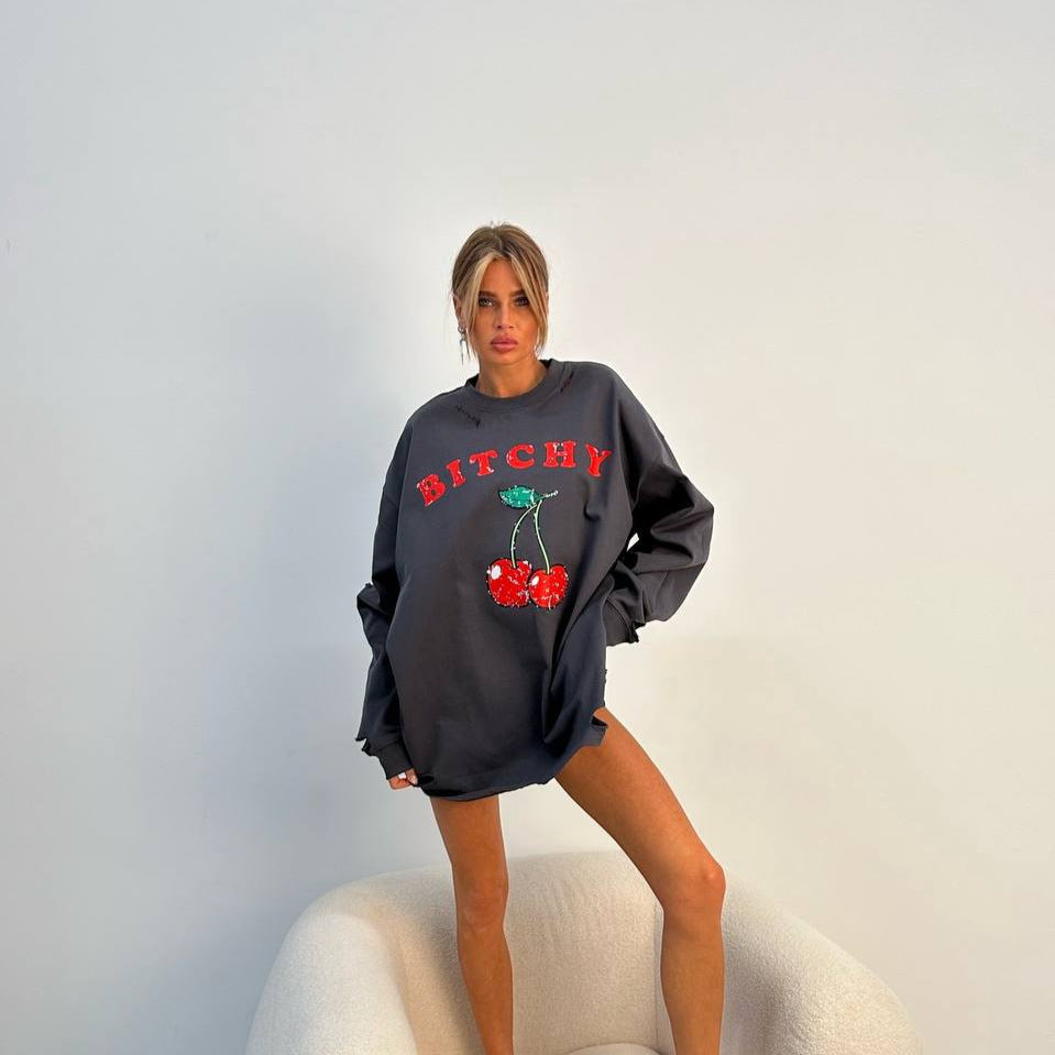 Cute Cherry Print Loose Casual Women's Sweatshirt