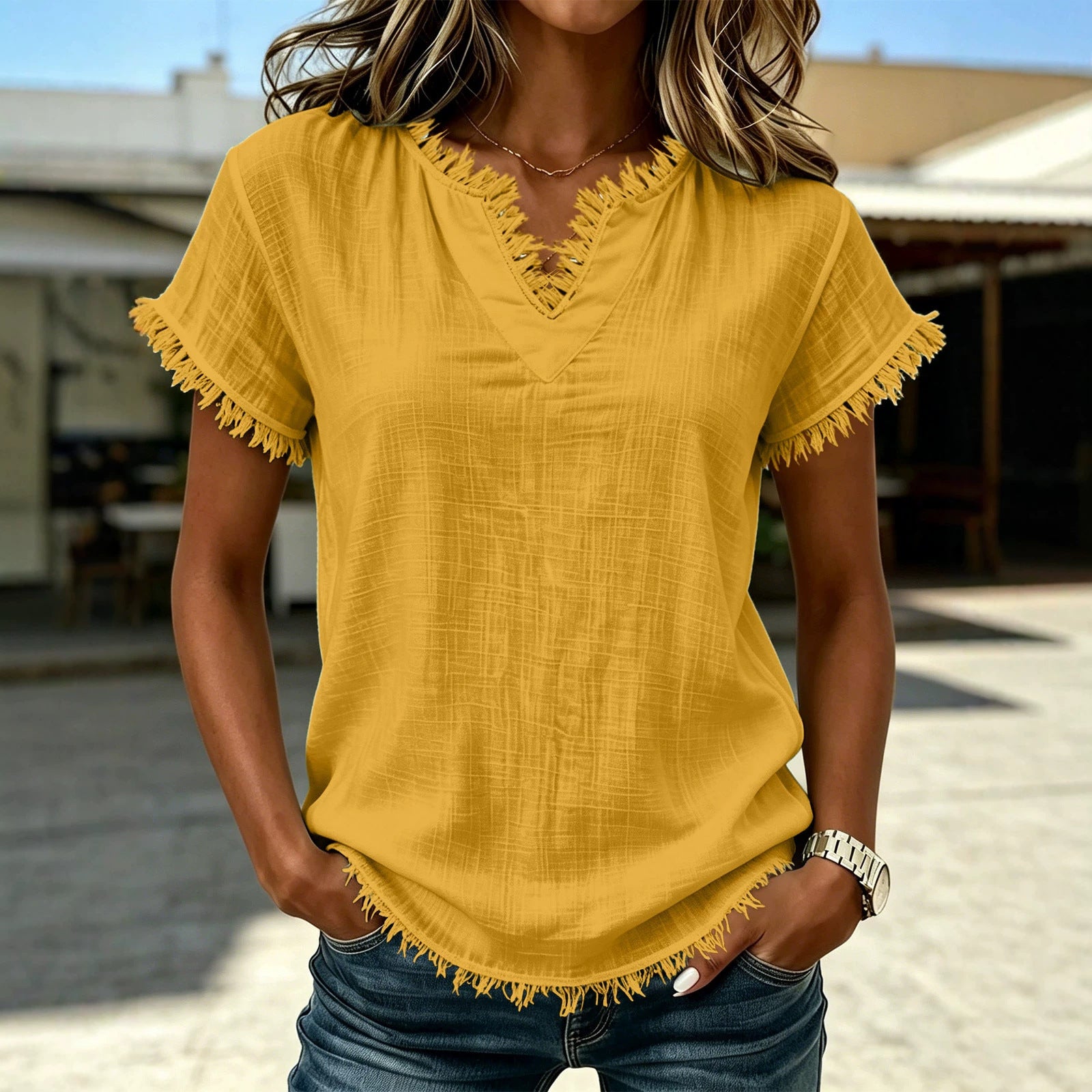 Retro Chic V-Neck Tassel Top for Women