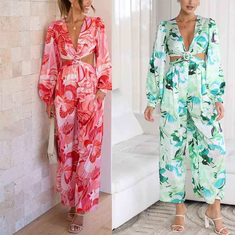 Women's Casual Backless Print Jumpsuit