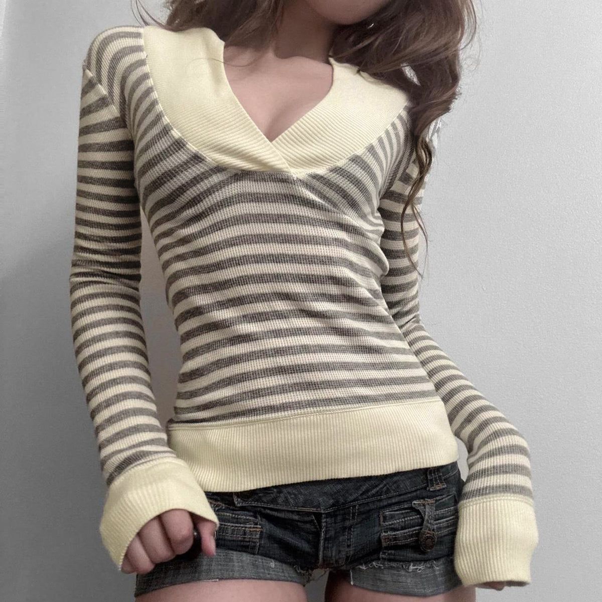 Design Sense V-neck Striped Slim-fit Long-sleeved Top