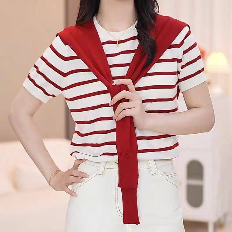 Striped Knitted Short‑Sleeve Shirt – Cozy, Stylish & Versatile