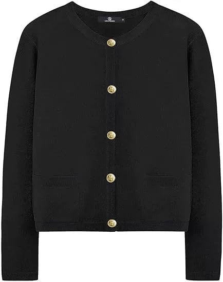 Round Neck Gold Button Cardigan Sweater Striped Knit Jacket Women's Top