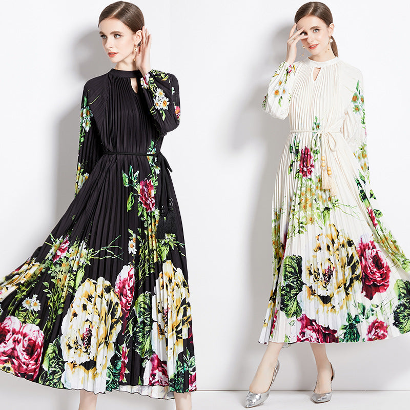 Printed Lantern Sleeve Pleated Tassel Belt Dress
