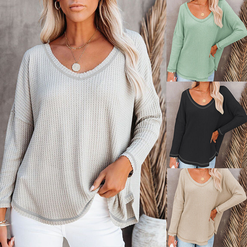 Women's Waffle Knit Long Sleeve Relaxed Fit Top