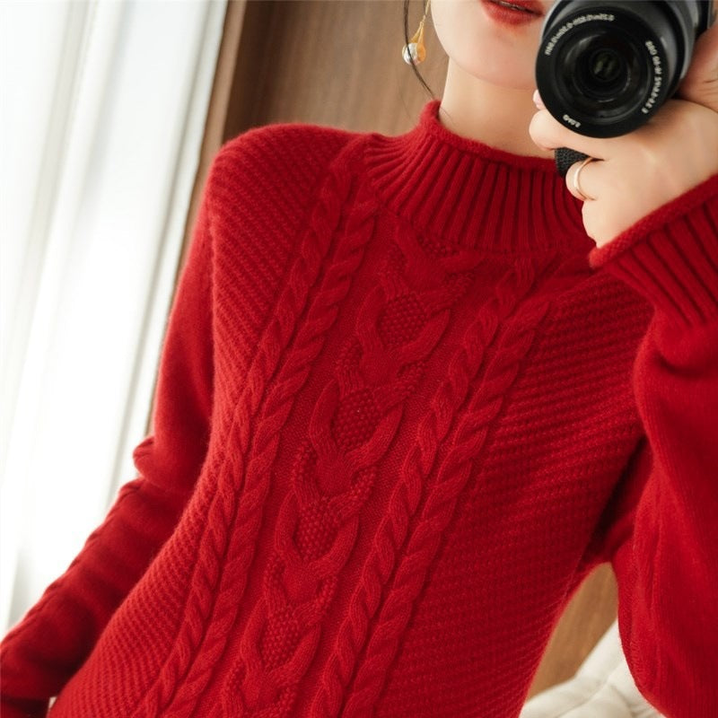 Womens Half-turtleneck Sweater with Cable Knit and Thickened Design