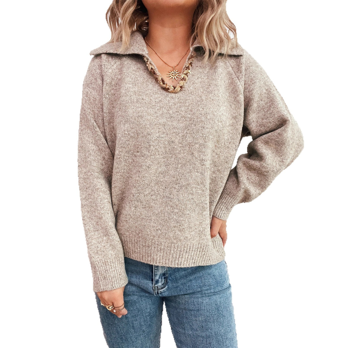 Hand-knitted Rope Stitching Lapel Long Sleeve Loose Sweater for Women