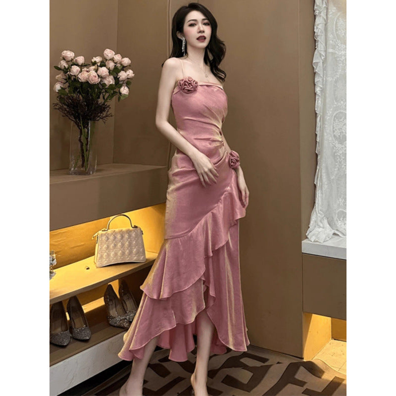 Asymmetrical Pink Strapless Bodycon Maxi Dress