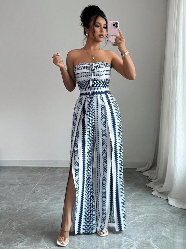 Womens Stylish Belted Slit-print Jumpsuit With A Cinched Waist