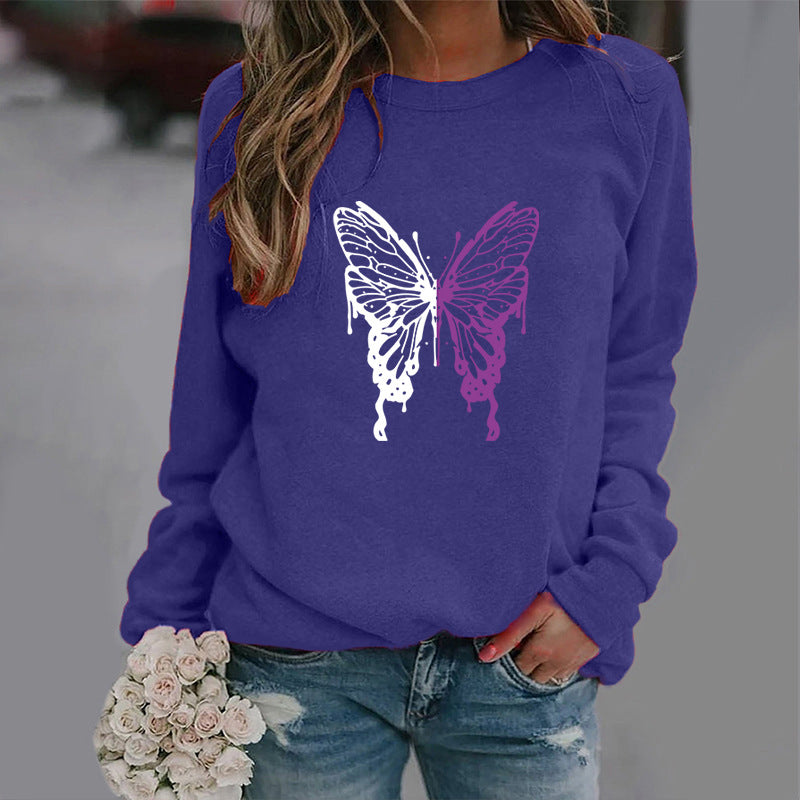 Butterfly Print Sports Pullover Round Neck Sweater