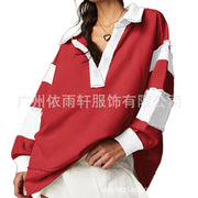 Chic V-Neck Colorblock Long Sleeve Split Hem Casual Sweater