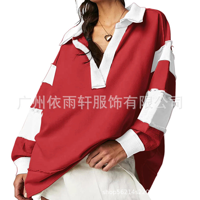 Chic V-Neck Colorblock Long Sleeve Split Hem Casual Sweater