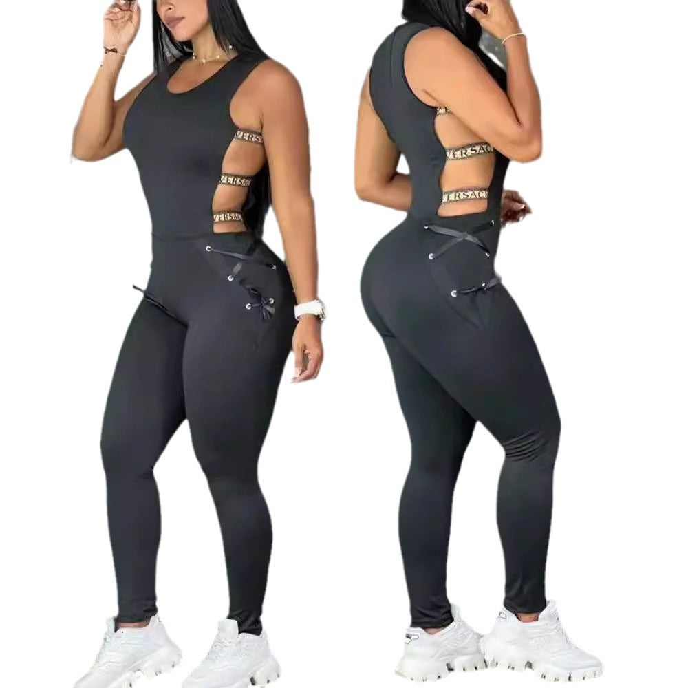Women's One-piece Hollow Out Slim-fit Lace Up Punk Jumpsuit