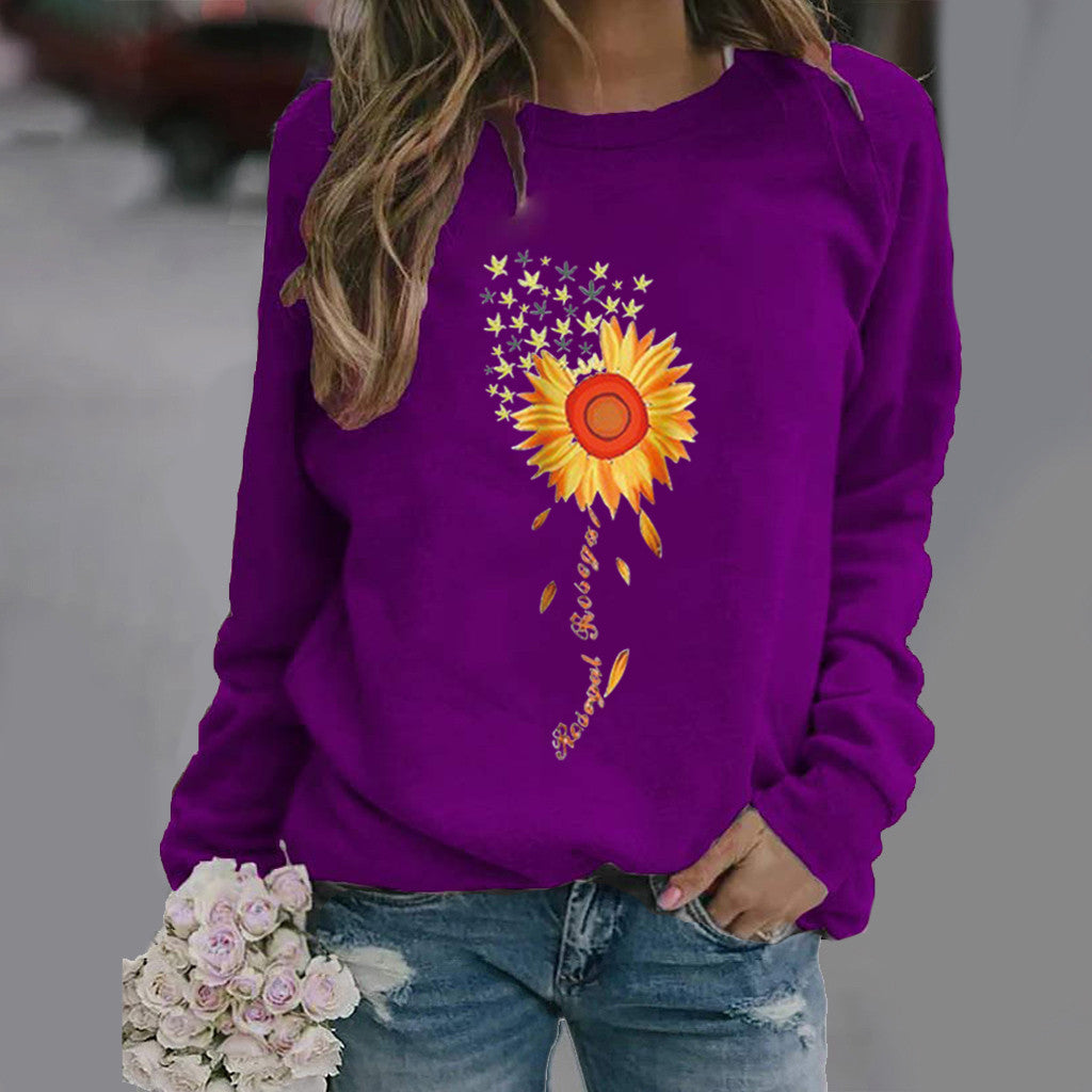 Women's Sunflower Print Long Sleeve Crew Neck Sweater