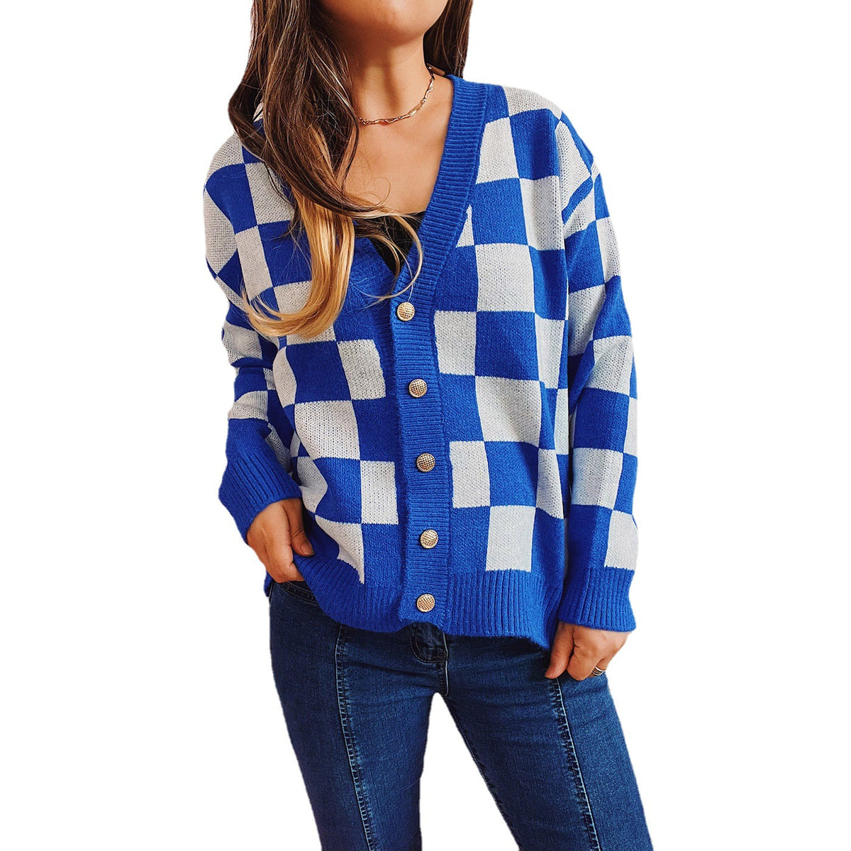 Asian Contrast Color Chessboard Plaid Autumn and Winter Women's Sweater