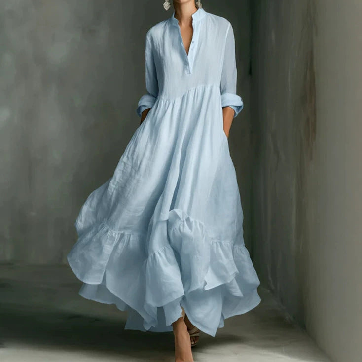 Womens Solid-color Loose-fit Blouse-style Swing Dress