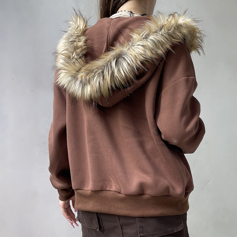 Retro Fur Collar Hooded Zipper Sweatshirt