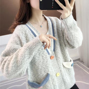 Womens Loose-fitting Outerwear Sweater with Contrasting-color Pockets
