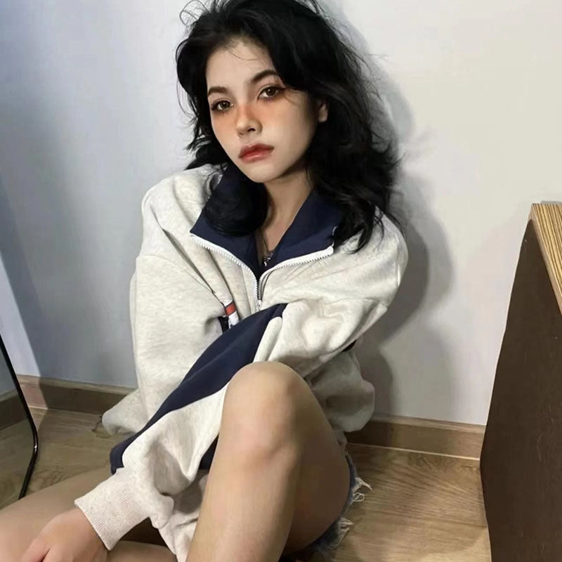 Women's Vintage Zip Polo Sweatshirt - Retro Loose Pullover