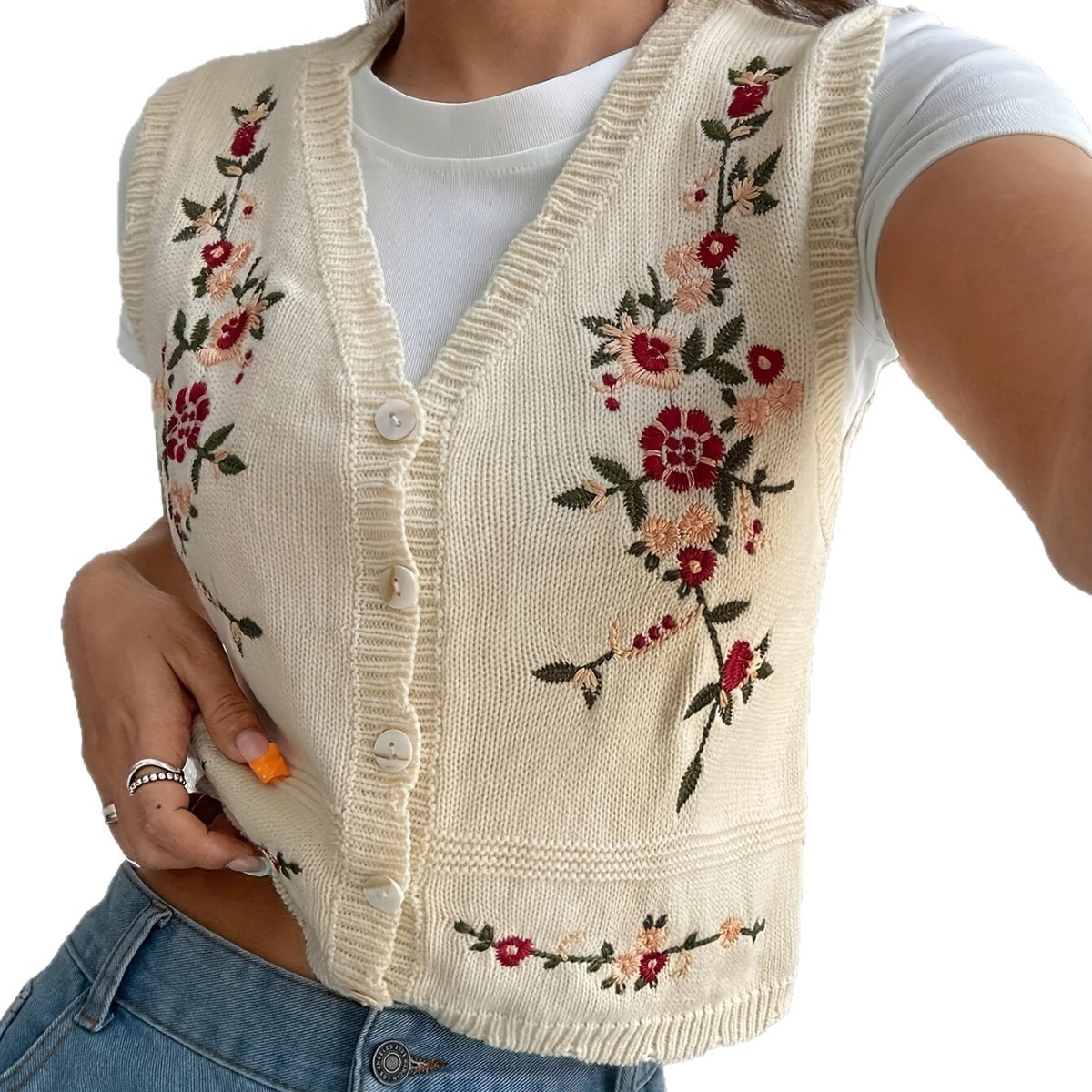 Womens Casual All Matching Embroidered Sweater Vest