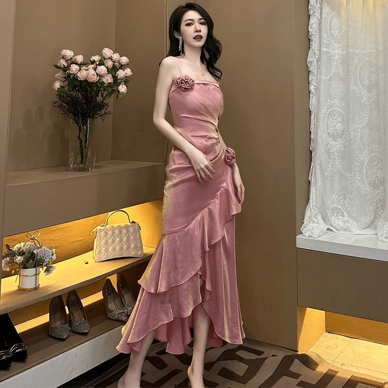 Asymmetrical Pink Strapless Bodycon Maxi Dress