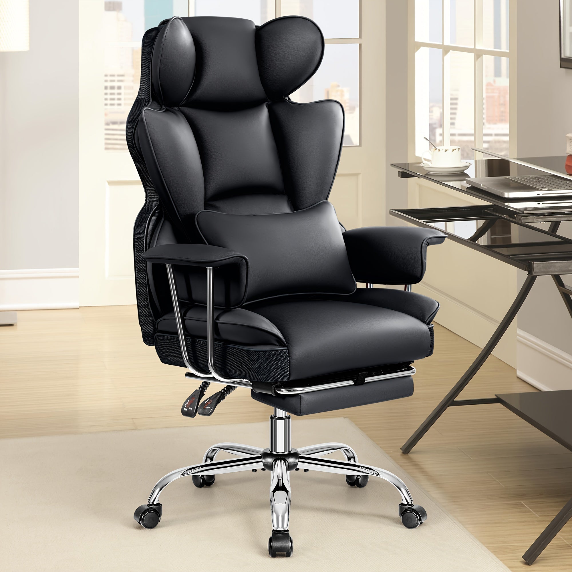 Premium Ergonomic Executive Leather Office Chair for Larger Individuals – High Back with Enhanced Lumbar Support and Built‑In Footrest
