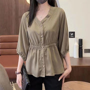 Women's Casual Simple Waist Cinched Seven Quarter Sleeve Shirt