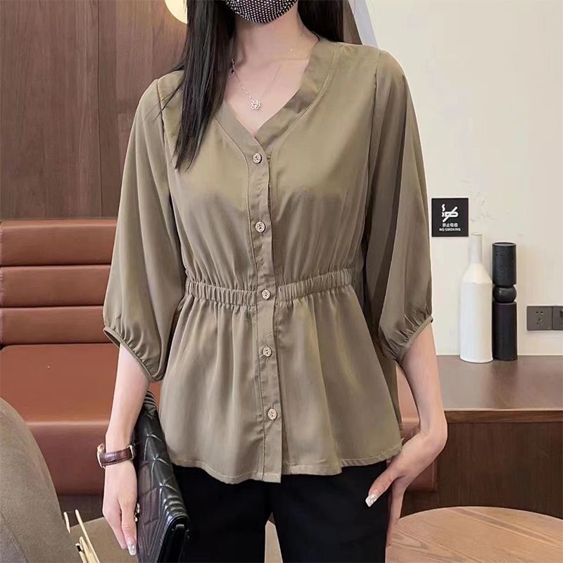Women's Casual Simple Waist Cinched Seven Quarter Sleeve Shirt
