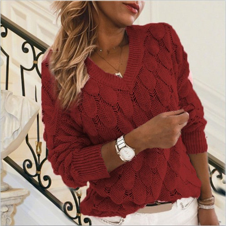 Knitted Sweater with Feather Detailing Hollow Out Design V Neck and Long Sleeves