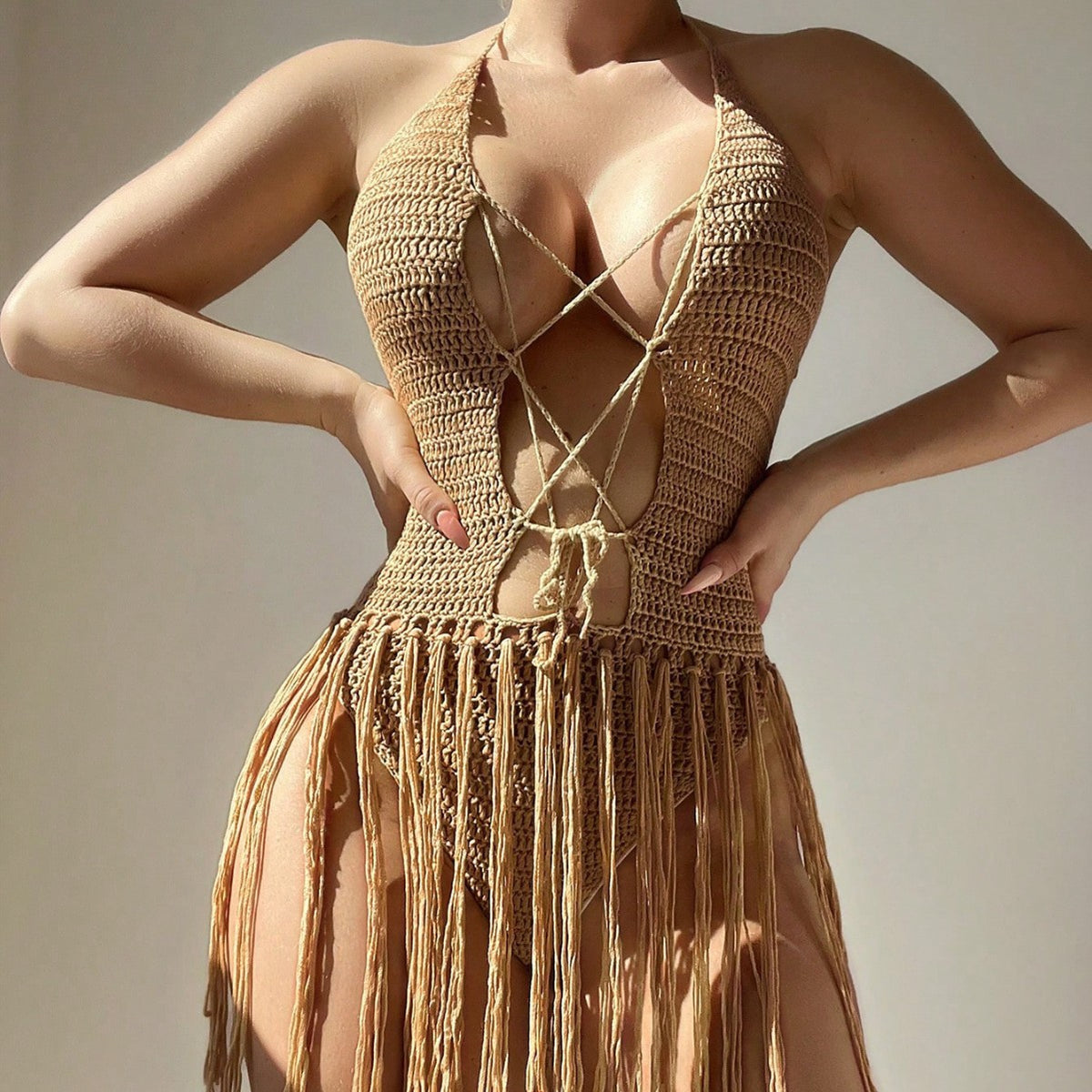 Knitted Strap Design Tassel Backless Bikini Skirt