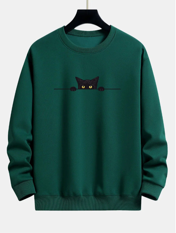 Cute Cat Print Round Neck Casual Pullover Sweater