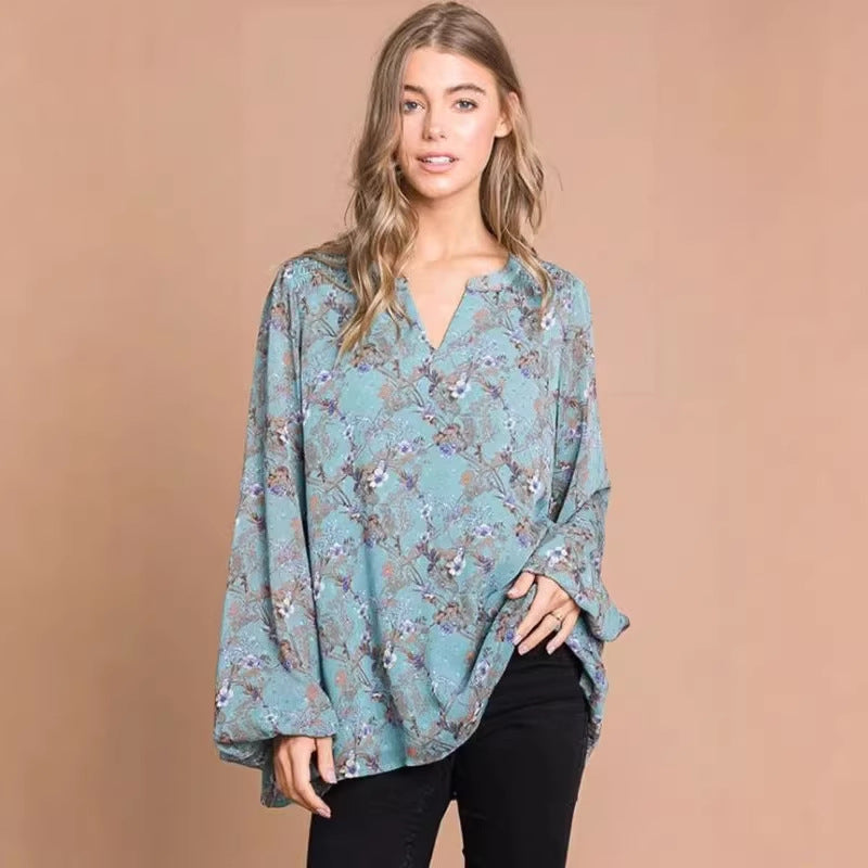 European And American Style Casual Fashion Printed V-Neck Long-Sleeve Womens Shirt