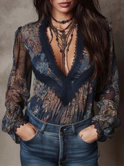 Retro Paisley V-Neck Lace Puff Sleeve Top for Women