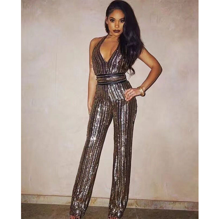 Fashion V-neck Sequins Jumpsuit Waist-slimming Belt Party Casual