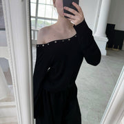 Slim-Fit Rivet Slant Shoulder Top for Women