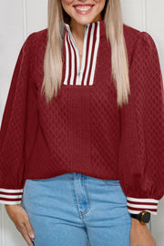 Racing Red Diamond-texture Striped Patchwork Zip-neck Pullover Sweater