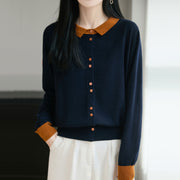 Womens Relaxed-fit Lapel-collar Color-block Knit Cardigan