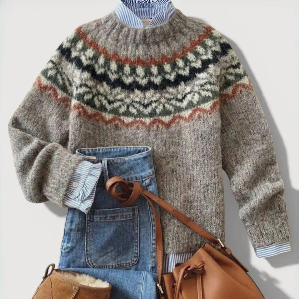 Retro Crew-neck Knit Sweater From Europe and the Us Casual Relaxed Fit Color-block Long-sleeve Pullover