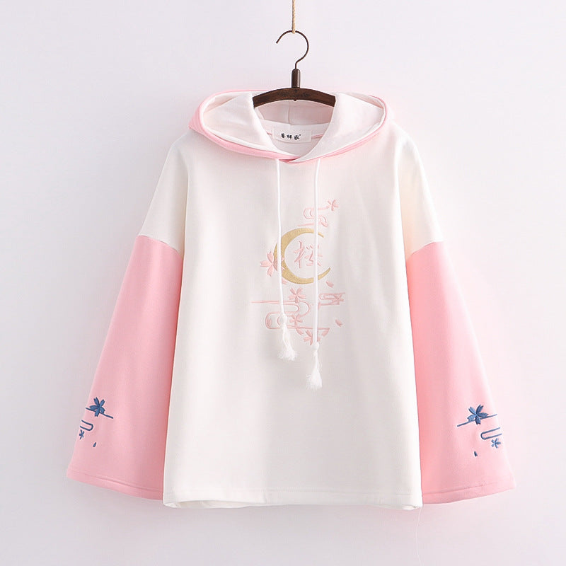 Alphabet Color Matching Sleeves And Velvet Padded Hooded Sweater Women