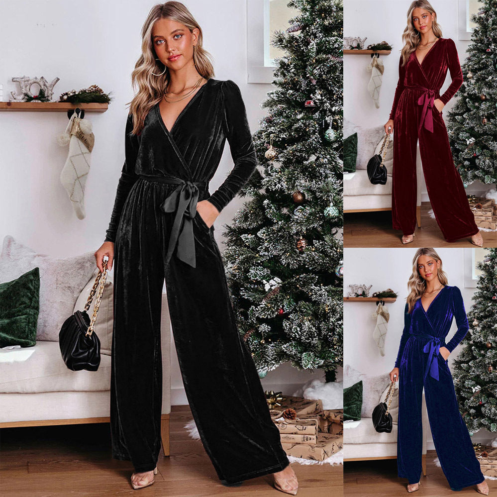 Women's Solid Long Sleeve Straight-Leg Jumpsuit