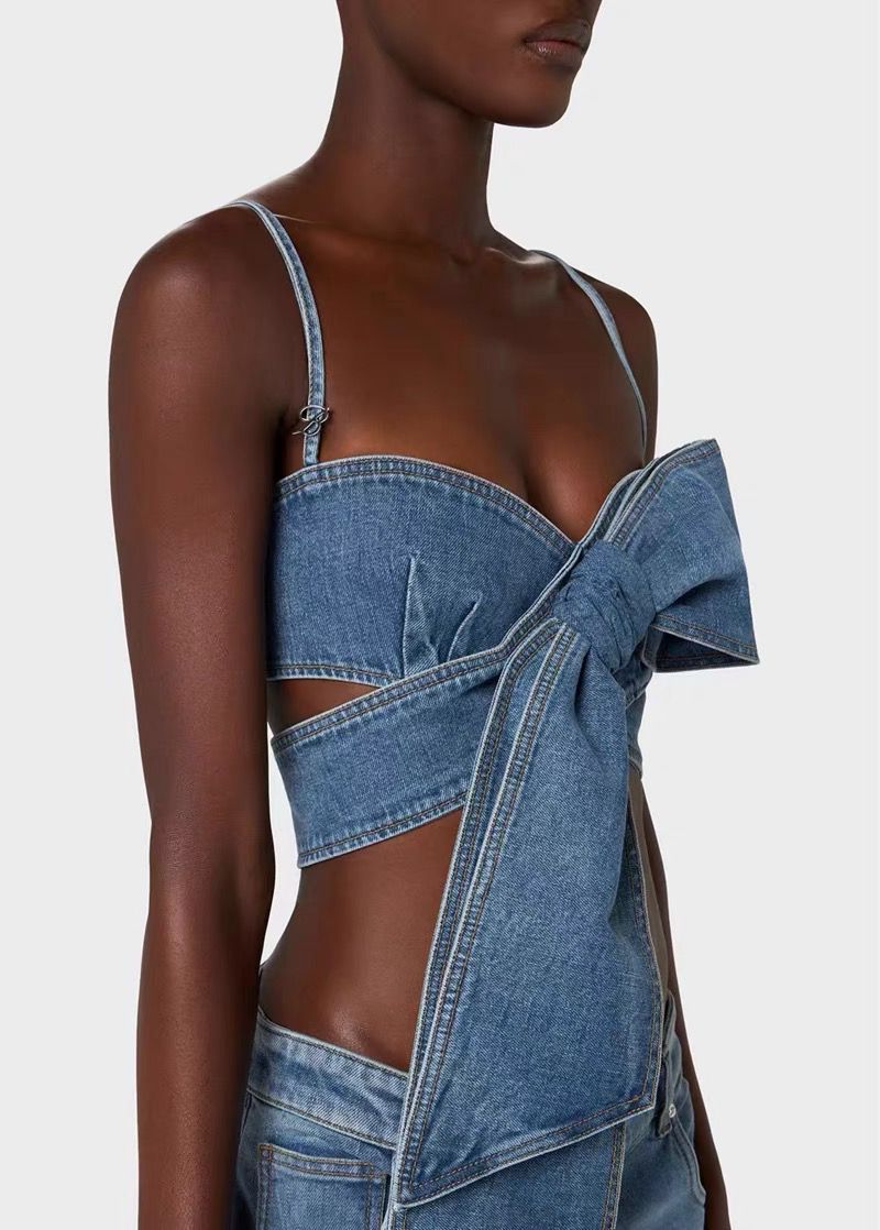 Sexy Bow Tie Denim Crop Top & Ultra Short Set