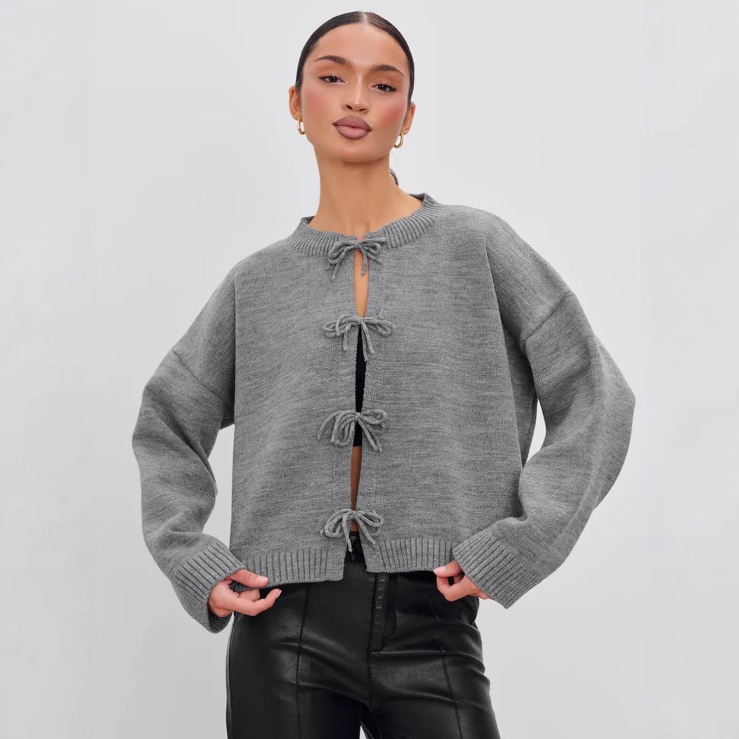 European and American European and American Leisure Loose Cardigan Lace-up Solid Color Knitted Sweater for Women