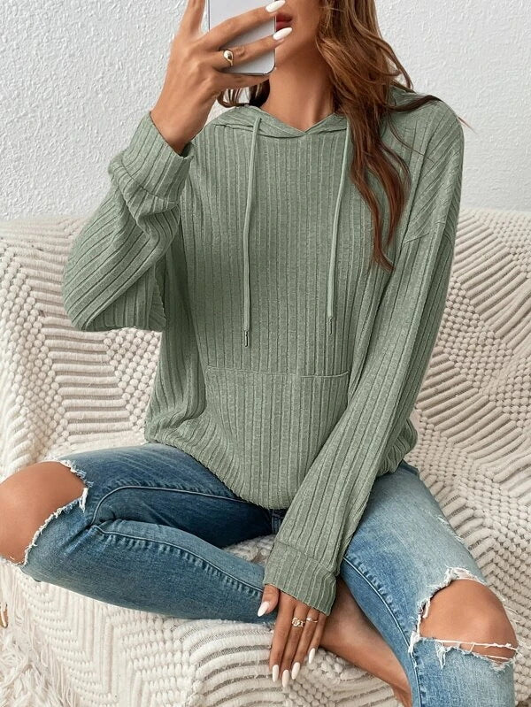 Women's Striped Knit Hoodie with Pockets & Drawstring