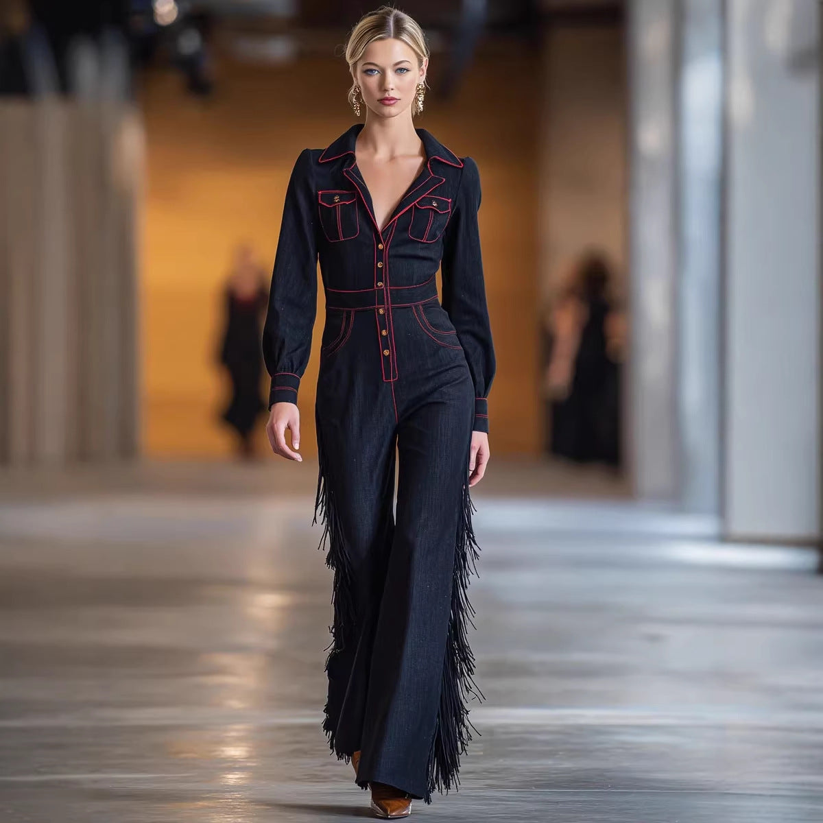 Long-Sleeve Tassel Flared Jumpsuit