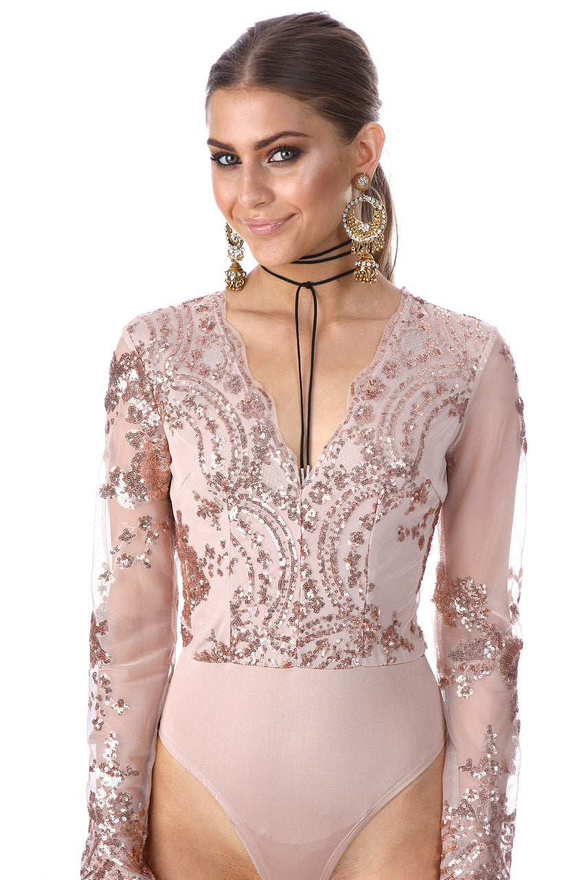 Sequin V-Neck Long-Sleeve Mesh Jumpsuit