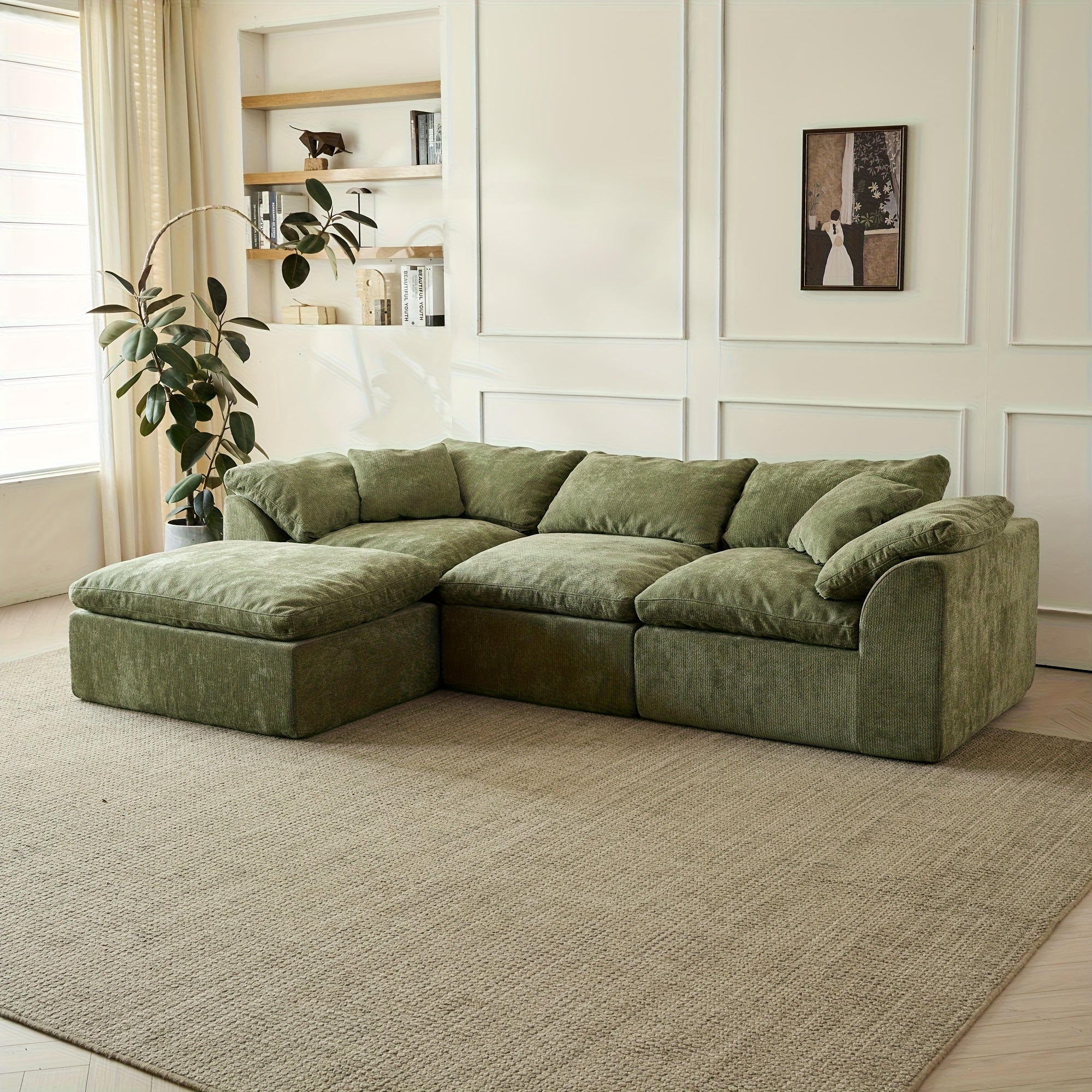 Modular L-shaped chaise longue sofa bed with deep seat and corduroy upholstery